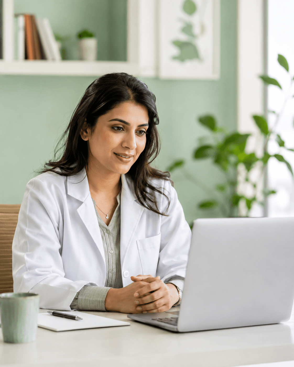 A doctor speaking with a patient during a private online video consultation
