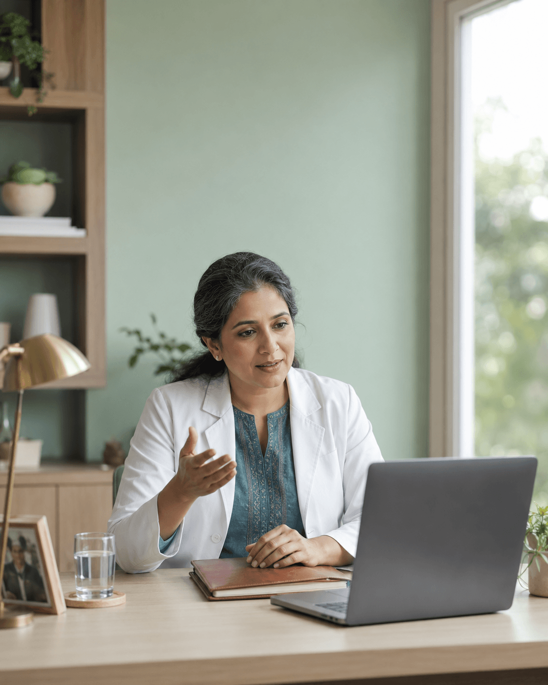 A doctor listening closely during a video consultation from a home office