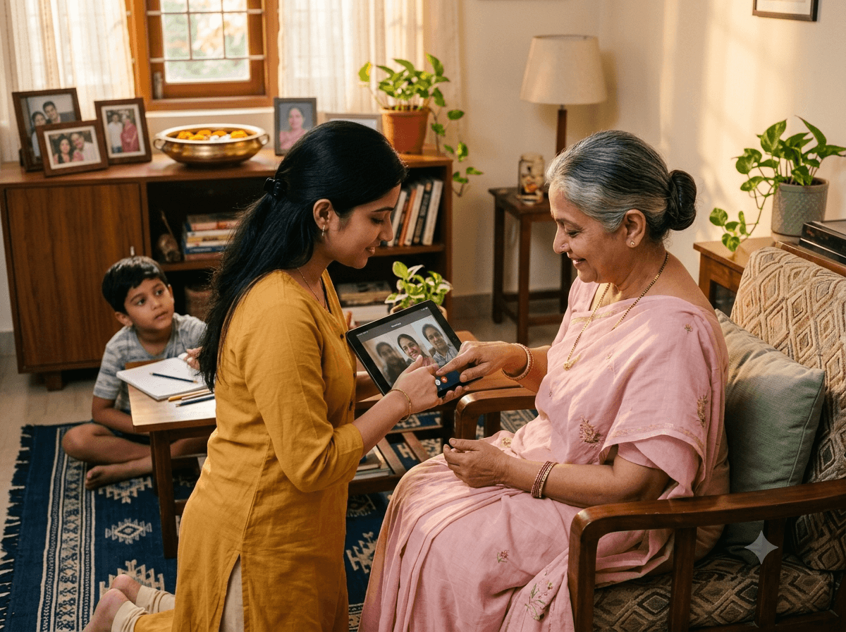 A daughter helping her mother join a video call with family