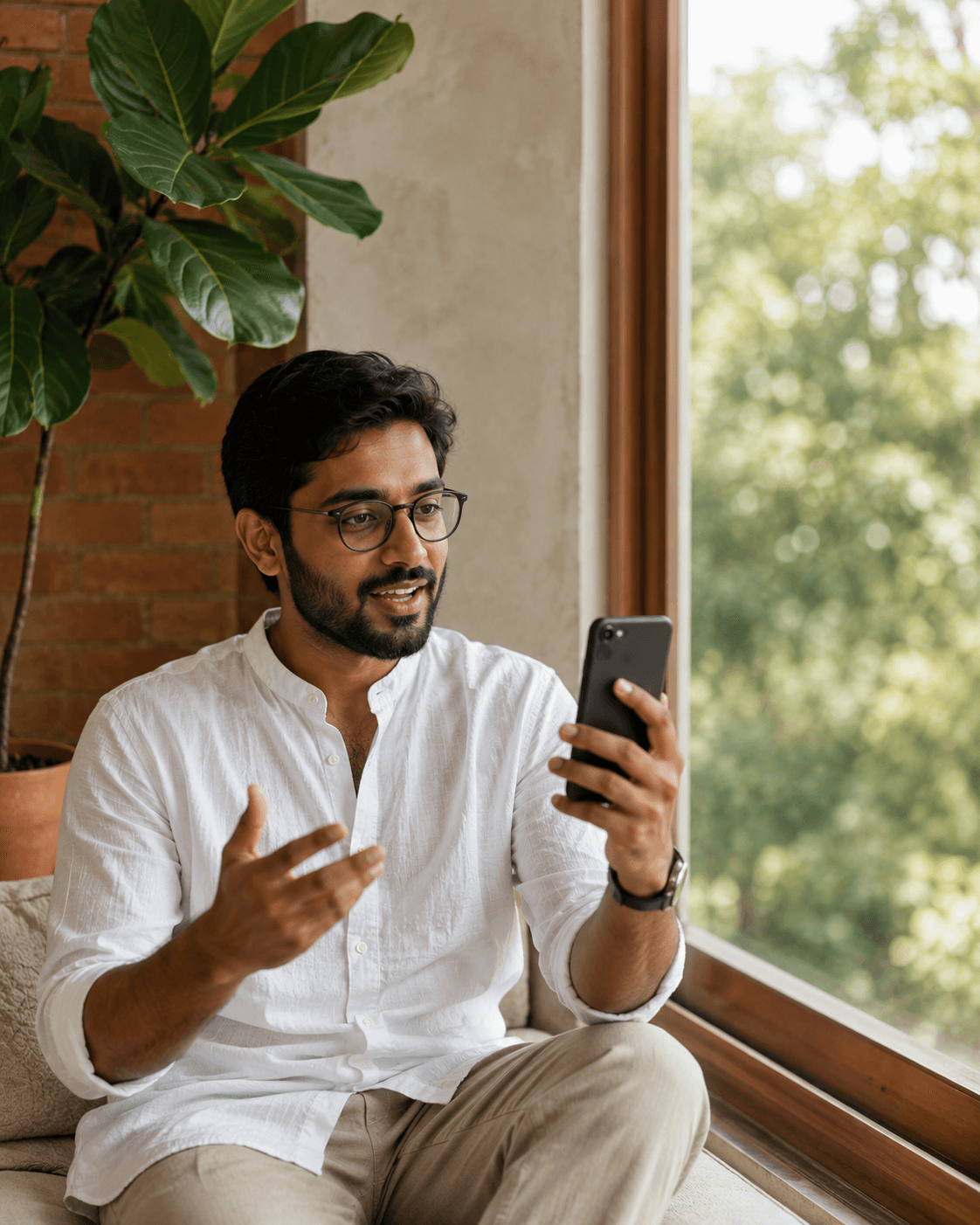 A man having a relaxed conversation over video call from his living room